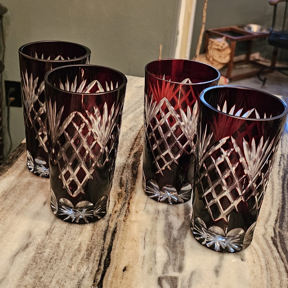 Elegant Ruby Red Crystal Cut Glass Set - Deep Red